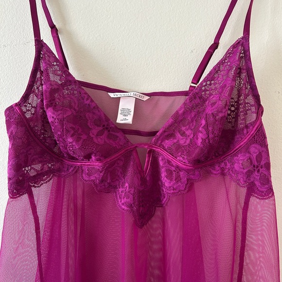 Victoria's Secret Plum Babydoll Chemise Lingerie Lace Mesh Sheer L - Picture 10 of 10
